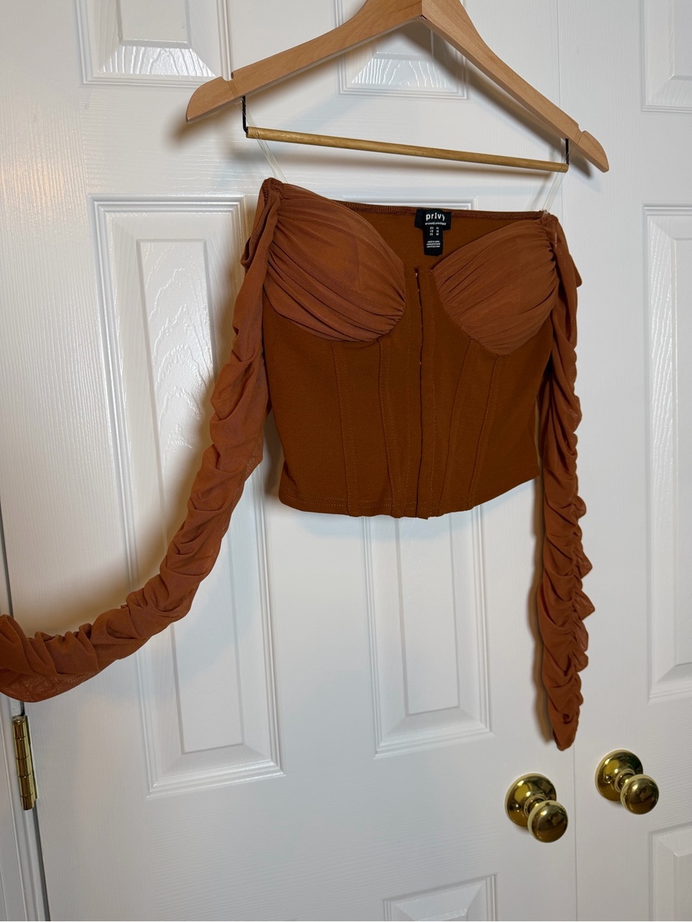 privy Rust Brown Off-Shoulder Corset Crop Top
